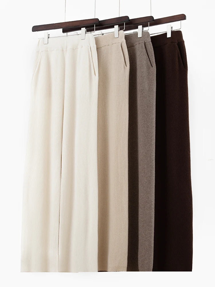 100% merino wool women's knitted trousers, fashionable, warm, drawstring, pockets, wide-leg pants, new autumn and winter 2024