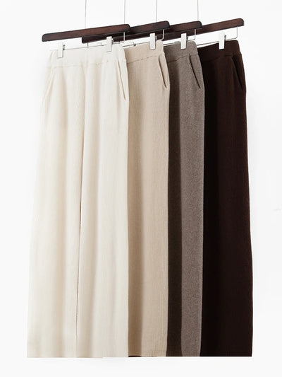 100% merino wool women's knitted trousers, fashionable, warm, drawstring, pockets, wide-leg pants, new autumn and winter 2024
