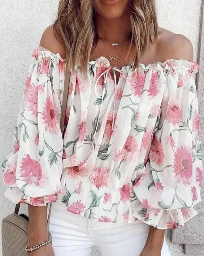 Women's Off Shoulder Chiffon Floral Print Balloon Sleeve Top