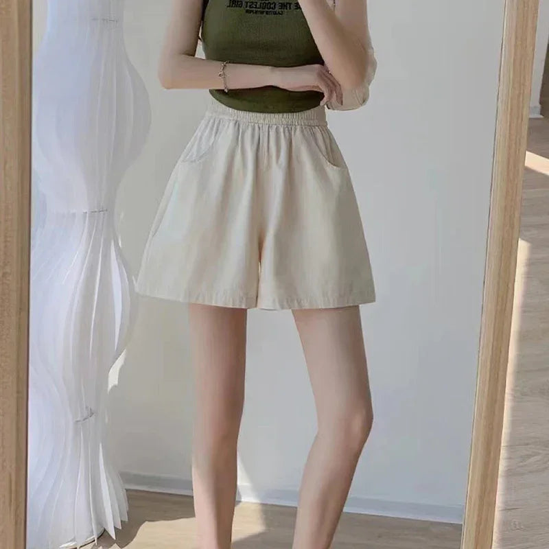 Women's 2025 Cargo Shorts High-Waisted Korean A-Line Wide Leg 3-Inch Summer Shorts Loose Casual Streetwear with Adjustable Waist