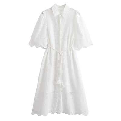 Women's Dress 2025 Spring New Fashionable and Casual Style Hollow Embroidered Shirt Dress