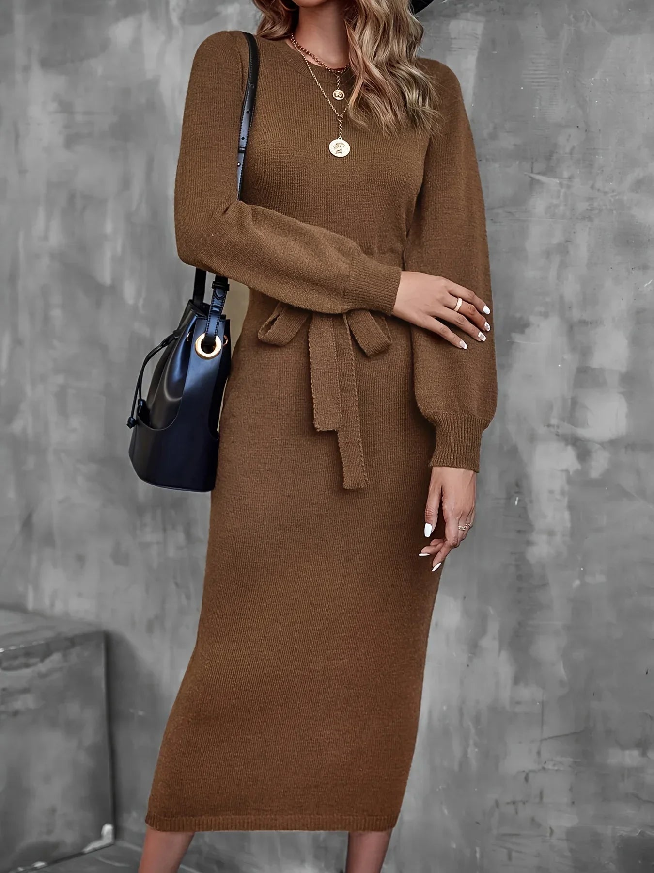 Women's Knitted Dress Autumn and Winter Casual Fashion Versatile Skirt Warm Long Skirt with Belt