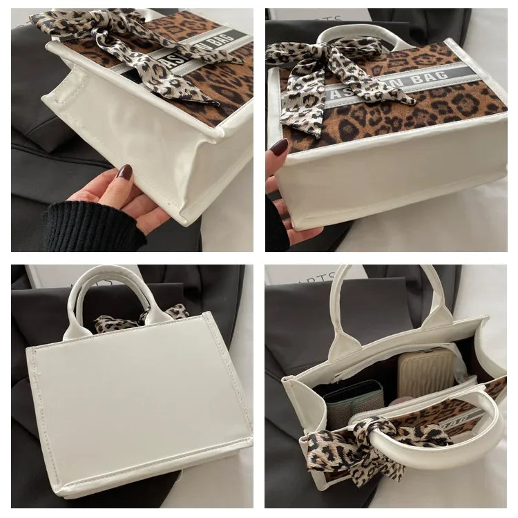 Fashion Leopard Print Top-handle Bags For Women, Bow Ribbon Decoration Designer Handbags Ladies Casual Tote