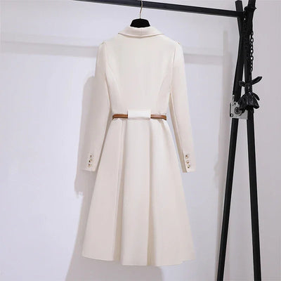 Women's Dress Double Breasted Elegant Dresses for Women 2025 Autumn Off white Dress Belt Knee-Length Solid Fashion Woman Clothes