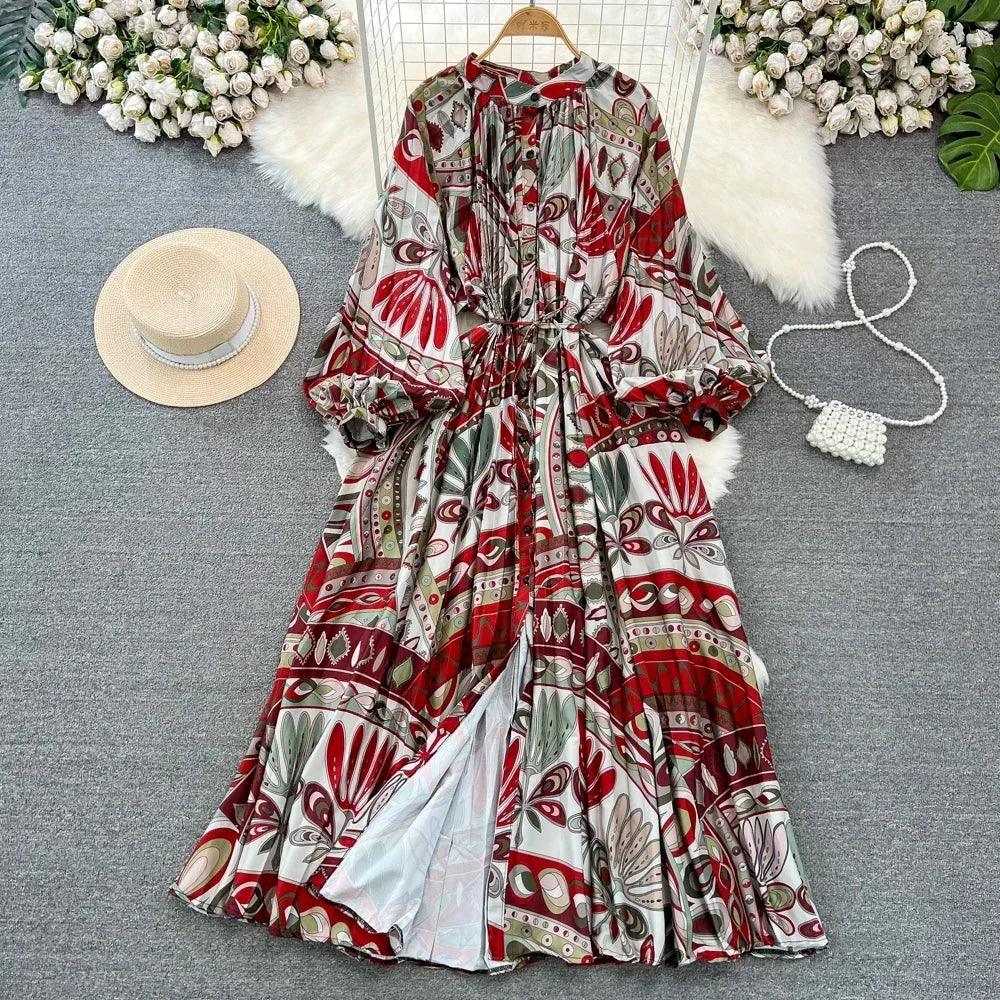 Retro Elegant Sashes O Neck Single Breasted Print Dresses Long Lantern Sleeves A-line Casual High Waist Women Autumn Clothing