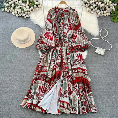 Retro Elegant Sashes O Neck Single Breasted Print Dresses Long Lantern Sleeves A-line Casual High Waist Women Autumn Clothing