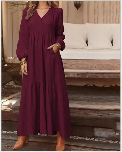 Women's Dress 2025 Spring and Summer Women's Button Cotton and Linen Retro Casual Long Sleeve Dress Large Hem Long Skirt