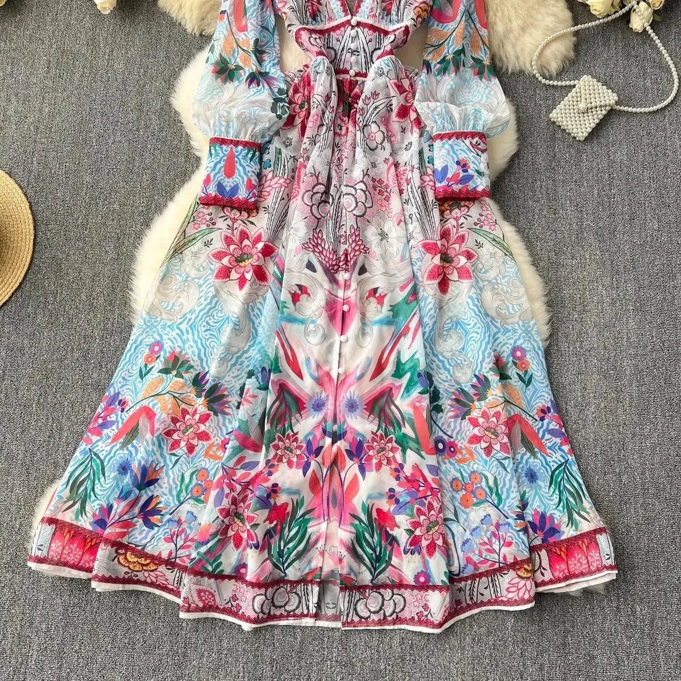 Summer Gorgeous Flower Dress Women Chiffon Clothing Sexy Deep V Neck Single Breasted Floral Print Beach Boho Long Robe Vestidos
