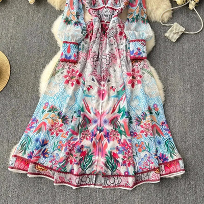 Summer Gorgeous Flower Dress Women Chiffon Clothing Sexy Deep V Neck Single Breasted Floral Print Beach Boho Long Robe Vestidos
