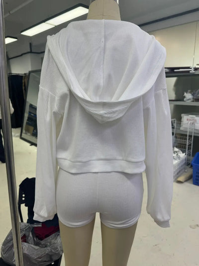 Solid Sport 3 Piece Set Crop Vest Hoodie Tracksuit Women Casual Sweatshirt Coat Mini Short Matching Set Sportswear 3 PCS Outfit