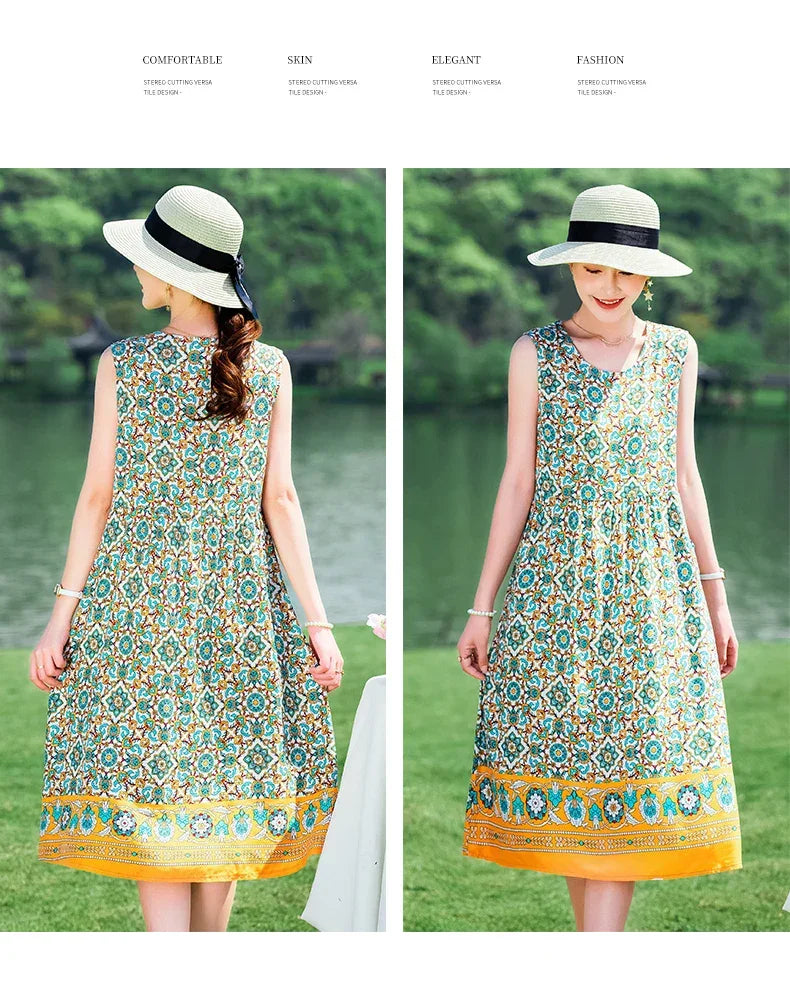 New 2024 Women Summer dresses print  Women  sleeveless Boho Beach Dress Vintage  Dresses  Sundress Beach Dress Tunic  Vestidos