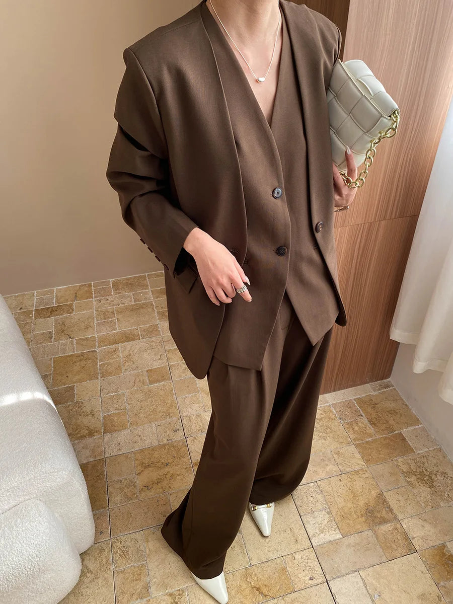 Spring and Autumn Women's Casual Solid Color Loose Jacket+V-neck Vest+Wide Leg Pants Set