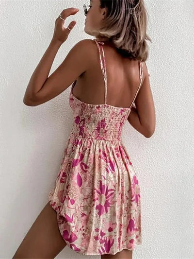hirigin Floral Boho Elegant Dress Women Pink Flower Print Bohemian Beach Style Summer Mini Dress Ruffled Backless Sundress 2022