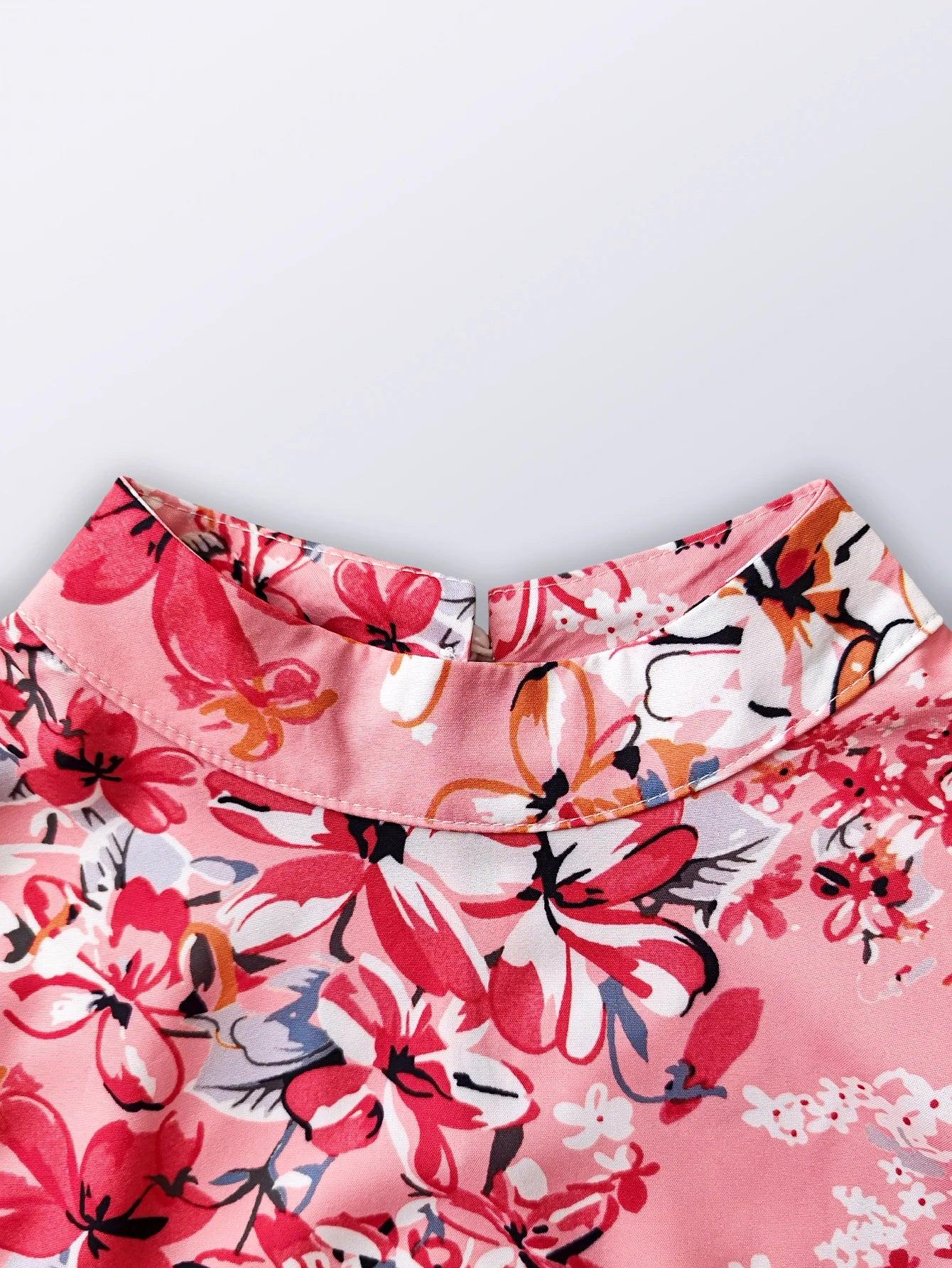 Spring Summer Flower Print Standing Neck Long sleeved Dresses for Women Ruffle Edge A-line Dress