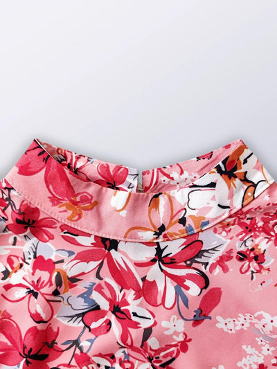 Spring Summer Flower Print Standing Neck Long sleeved Dresses for Women Ruffle Edge A-line Dress