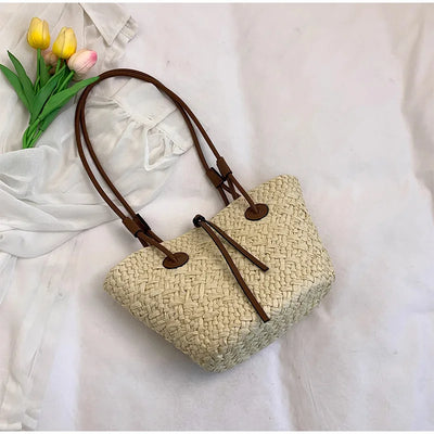Designer Bohemian Chic Shoulder Bag,Solid Color Large Capacity Straw Woven Tote Bag,Nature-Inspired Beach Vacation Women Handbag