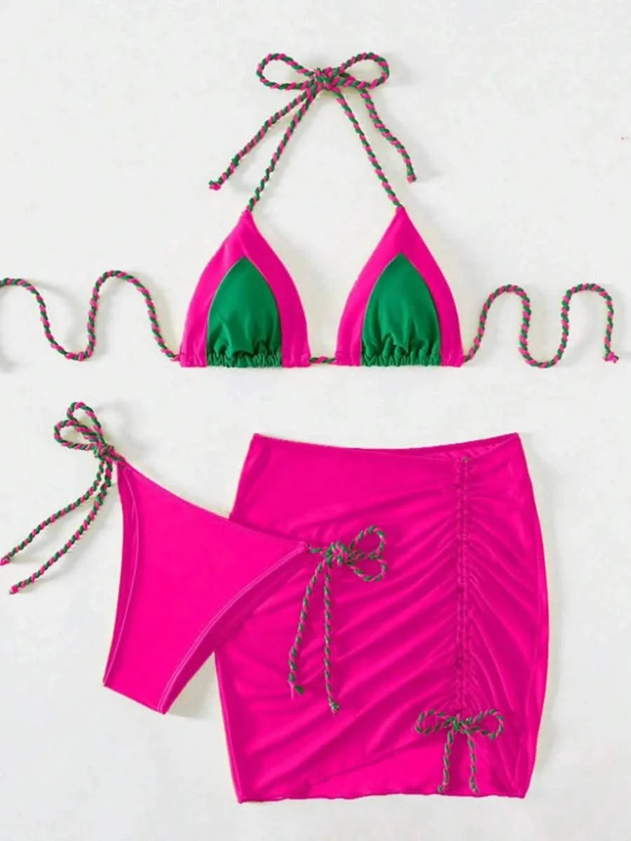 2025 Black Halter String 3 Piece Bikini Swimsuit Women