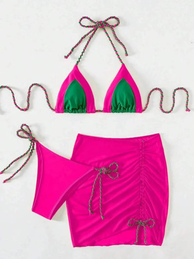 2025 Black Halter String 3 Piece Bikini Swimsuit Women
