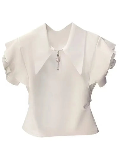 2025 Shirts for Women Ruffles Turn Down Collar Tshirt Fashion Temperament Party Zipper Y2K Tops Korean Summer White Pleated Tees