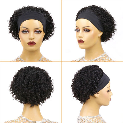 Curly Headband Wig Human Hair - Short Bob Kinky Curls, Universal Cap Fit Wig for Women with Headband, Fashionable &Machine Made