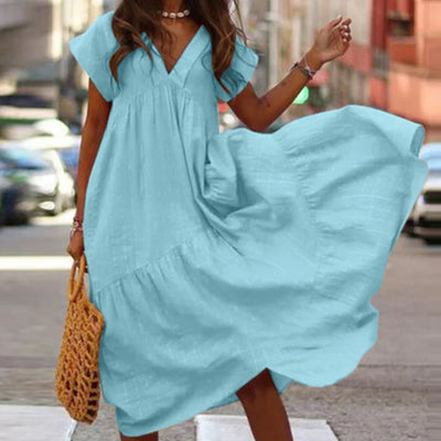 Bohemian Summer Dress for Women V Neck Vestidos Ladies Streetwear Solid Ruffle Dresses Asymmetrical Loose Robe Women Clothing