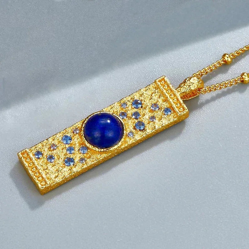 Lapis Lazuli CZ 925 Silver Gold Plated Hammered Bar Pendant Necklace Women Blue Stone Geometric Trendy Dainty Luxury Necklaces