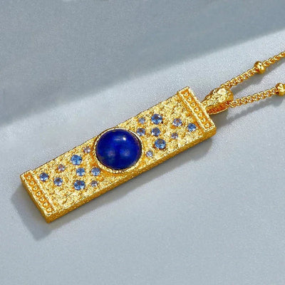 Lapis Lazuli CZ 925 Silver Gold Plated Hammered Bar Pendant Necklace Women Blue Stone Geometric Trendy Dainty Luxury Necklaces