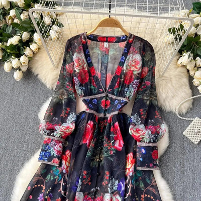 Summer Gorgeous Flower Dress Women Chiffon Clothing Sexy Deep V Neck Single Breasted Floral Print Beach Boho Long Robe Vestidos
