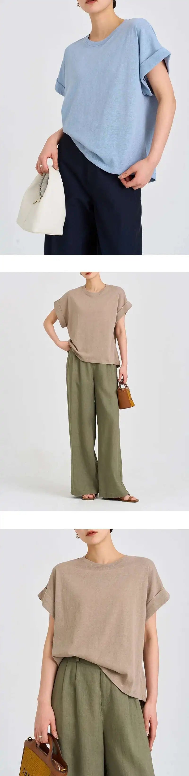 Summer Women Cotton Linen T-shirt Round Neck Thin Short-sleeved Transparent Loose Bottoming T-shirts Tops