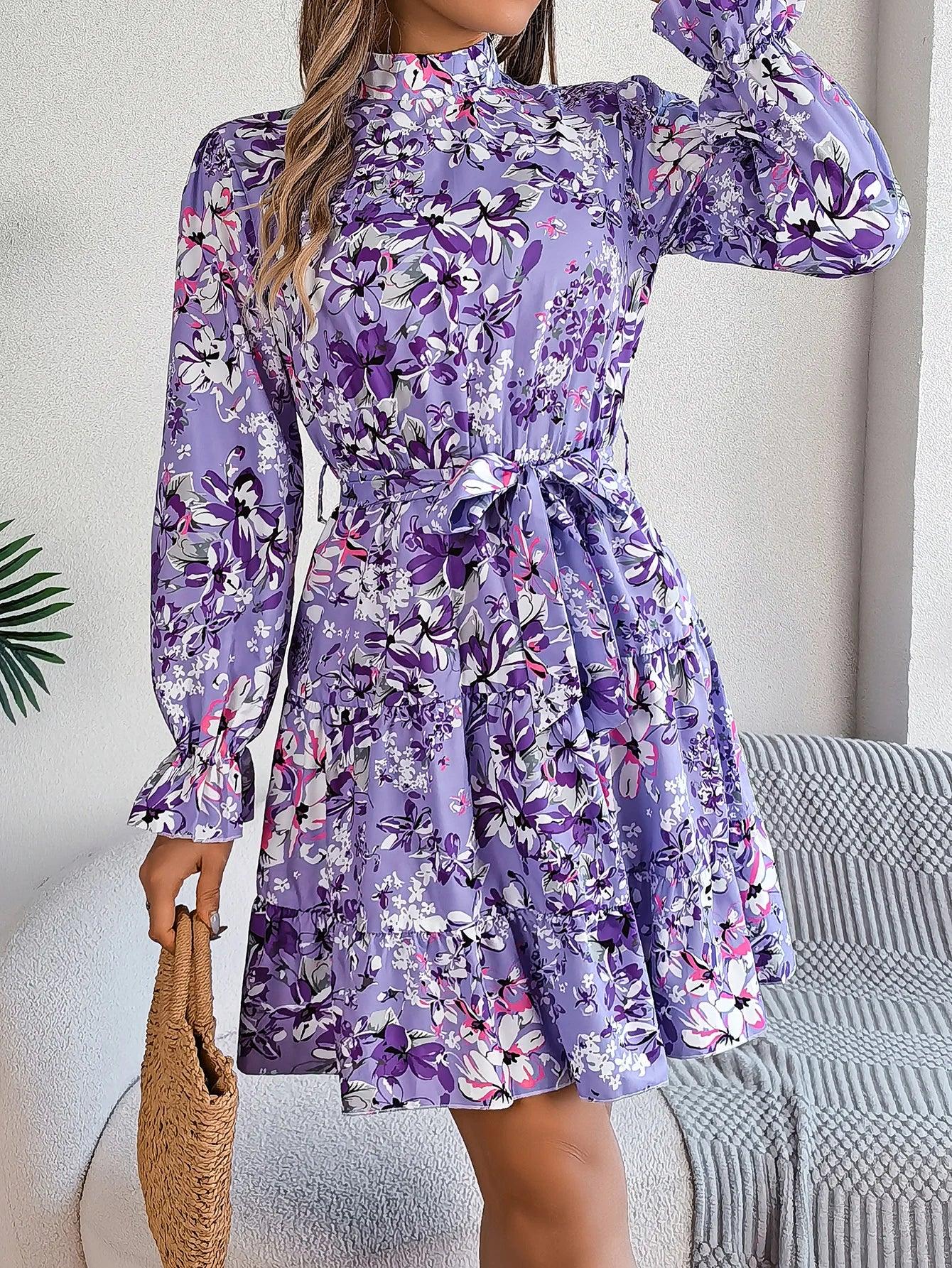 Spring Summer Flower Print Standing Neck Long sleeved Dresses for Women Ruffle Edge A-line Dress