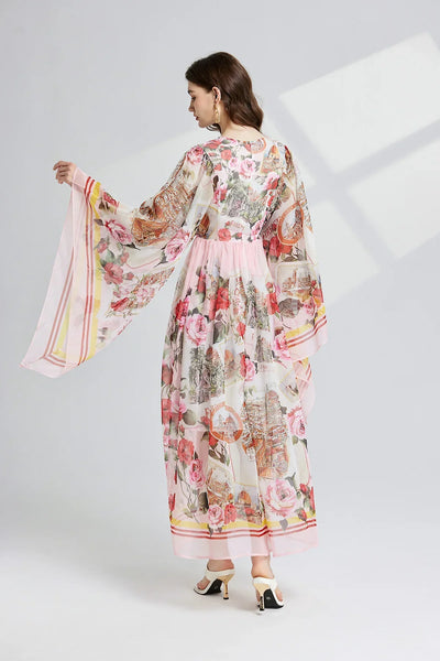 Women Clothing O Neck Flare Sleeve Large Swing Maxi Dress New Summer Bohemian Blue And White Porcelain Print Chiffon Vestidos