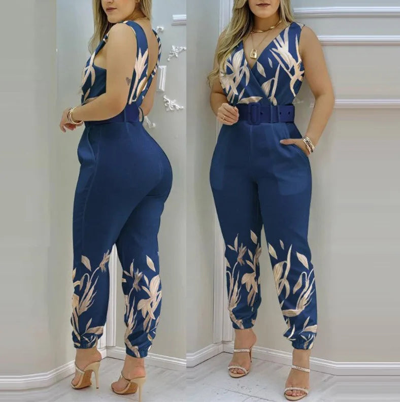 Summer Women Jumpsuits Elegant Office Lady Sexy V-neck Sleeveless Print Jumpsuits New Fashion With Belt Vest Playsuit Streetwear