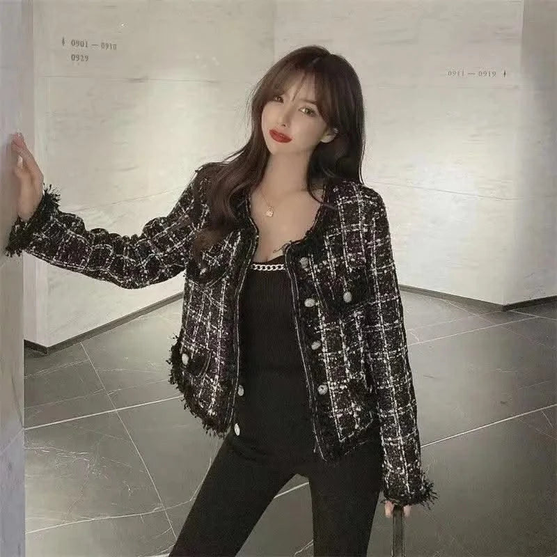 Luxury Tweed Jacket Women Coat Long Sleeve Tweed Blazer Crop Jacket Short Tops Plaid Pockets Office Ladies Clothing New