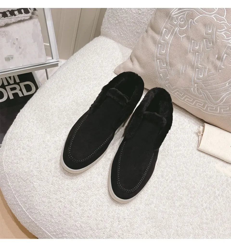 Fur Ankle Boots Women's Cow Suede Loafers High Quality 2025 Winter Flat Shoes Fur Integrated Warm Snow Boots