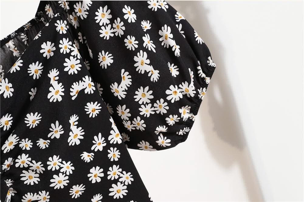 Women Mini Printed Floral Chiffon Shirring Pleated Short Puffy Sleeve Casual Dresses Summer Fashion