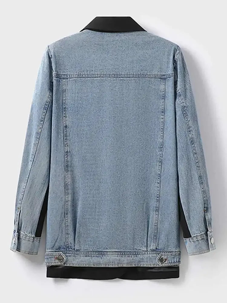 DEAT Women's Blazer Notched Collar Patchwork Denim Long Sleeve Khaki Long Sleeve Suit Coat  2024 Summer New Fashion  29L1530