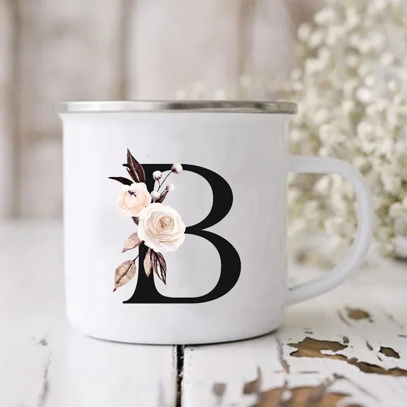 Initial Letter Print Mugs Enamel Creative Coffee Cups Drinks Wine Juice Milk Cup Vintage Home Office Handle Drinkware Best Gifts