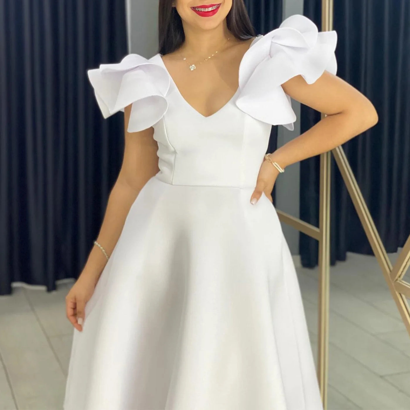 Elegant Party Dresses for Women V Neck Ruffles Sleeve High Waisted A Line Mid Calf Luxury Birthday Dinner Vestidos Mujer Dress