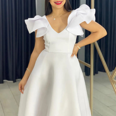Elegant Party Dresses for Women V Neck Ruffles Sleeve High Waisted A Line Mid Calf Luxury Birthday Dinner Vestidos Mujer Dress