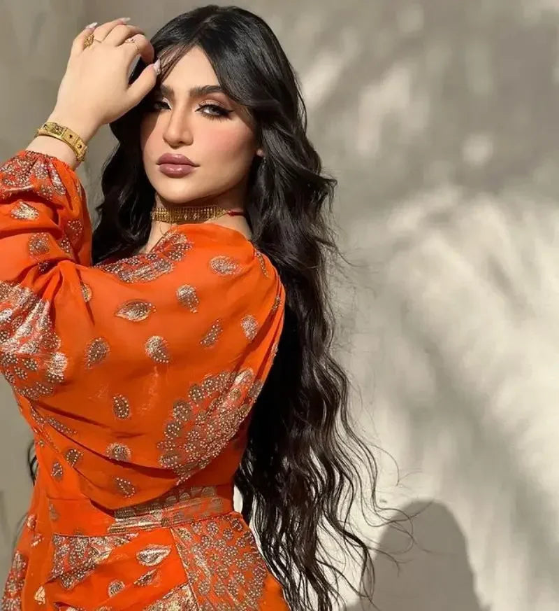 Dubai Morocco Dress for Women Chiffon Ball Gown Vestidos Lantern Sleeve Print Orange Wedding Prom Evening Dress Caftan 2023