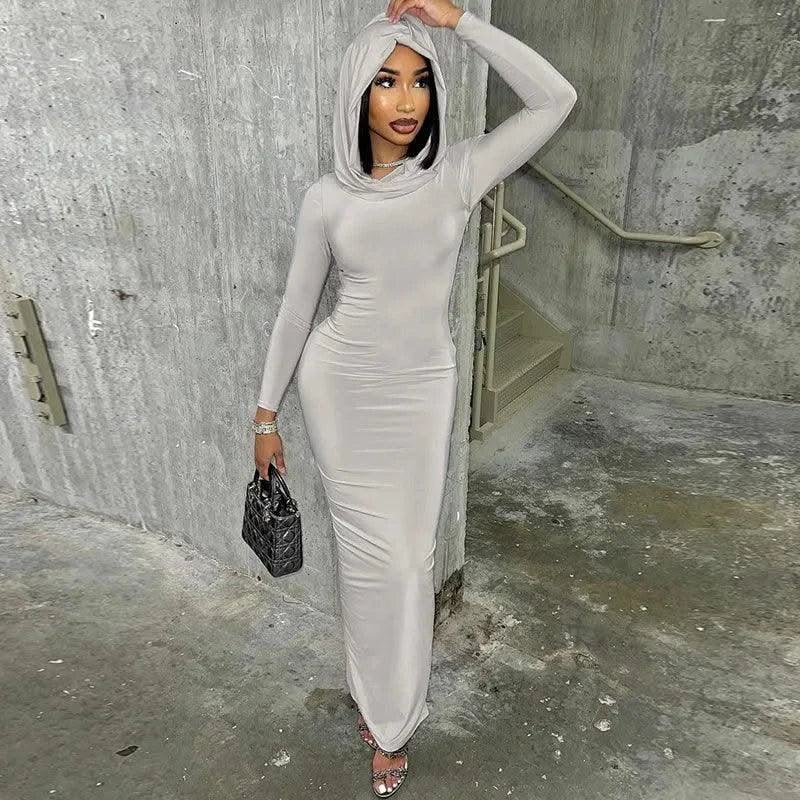 Hooded Long Dress For Women Y2k Clothes Sexy Streetwear Long Sleeve Bodycon Vestidos De Mujer Solid Robe Femme Été Back Split