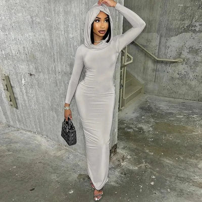 Hooded Long Dress For Women Y2k Clothes Sexy Streetwear Long Sleeve Bodycon Vestidos De Mujer Solid Robe Femme Été Back Split