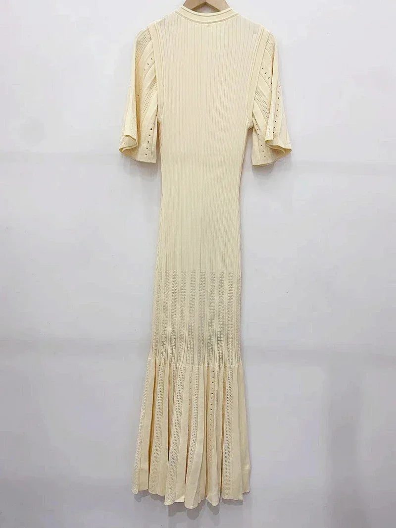Classic Style Single Breasted Knitted Women Midi Dress O Neck Short Sleeve Hollow Out Spliced Lady Fishtail Dress