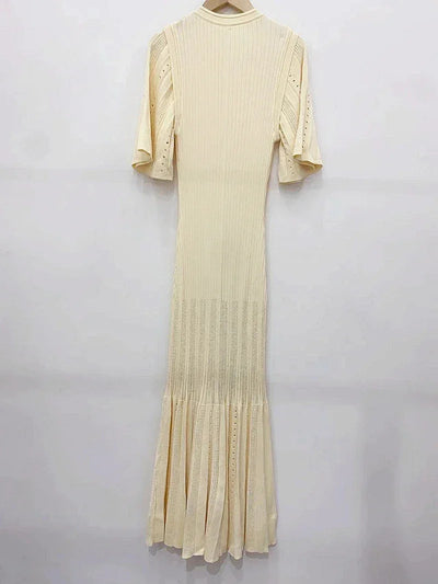 Classic Style Single Breasted Knitted Women Midi Dress O Neck Short Sleeve Hollow Out Spliced Lady Fishtail Dress