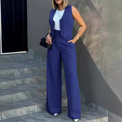 Trousers Suit Women's Vest Trousers Suit Elegant Loose Regular Work Suit High Waist Wide-leg Trousers 2-piece Street Suit