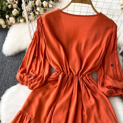 Boho Dress for Women Embroidery Floral Print V-neck Elastic Waist Lace-up Dresses with Belt Summer Vestidos Folds Dropshipping