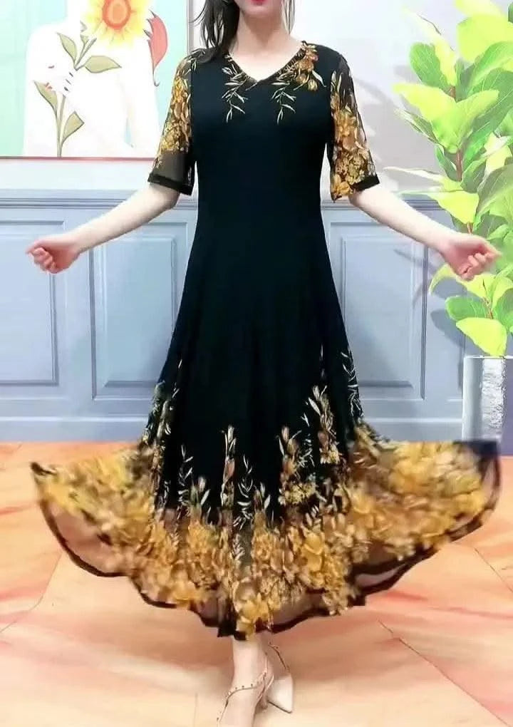 Women's Clothing Stylish Floral Printed Long Dress Summer Short Sleeve Casual Gauze Spliced Elegant V-Neck A-Line Waist Dresses