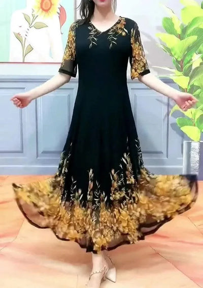 Women's Clothing Stylish Floral Printed Long Dress Summer Short Sleeve Casual Gauze Spliced Elegant V-Neck A-Line Waist Dresses