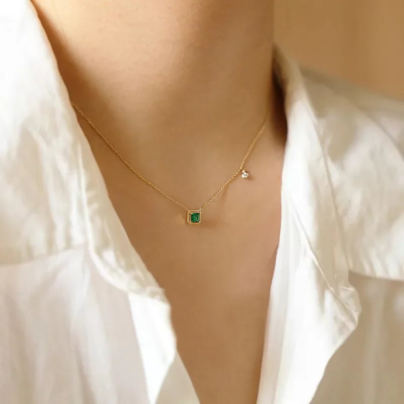 Jkli S925 Sterling Silver Simple Emerald Crystal Chain  Necklace  Women Light Luxury Temperament Plating 14k Gold Jew  New style
