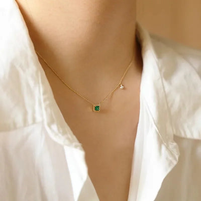 Jkli S925 Sterling Silver Simple Emerald Crystal Chain  Necklace  Women Light Luxury Temperament Plating 14k Gold Jew  New style